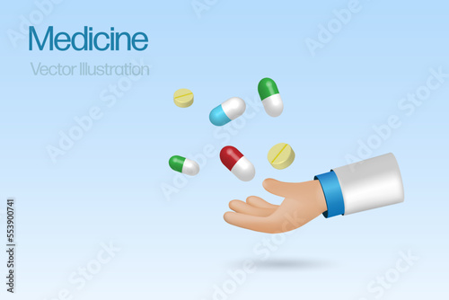 Doctor hand hold medicine capsule pills. Medical diagnosis and pharmaceutical treatment to solve patient health problem concept. 3D vector.