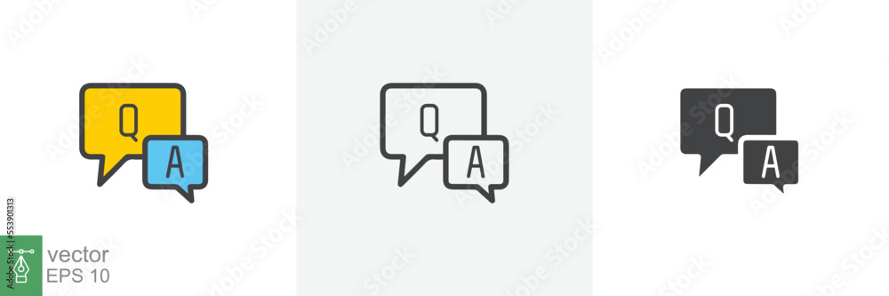FAQ, questions and answers icon. Line, glyph and filled outline colorful version, Q and A speech outline and filled sign. Symbol, logo illustration. Different style icons set vector graphics. EPS 10. FAQ, questions and answers icon. Line, glyph and filled outline colorful version, Q and A speech outline and filled sign. Symbol, logo illustration. Different style icons set vector graphics. EPS 10.