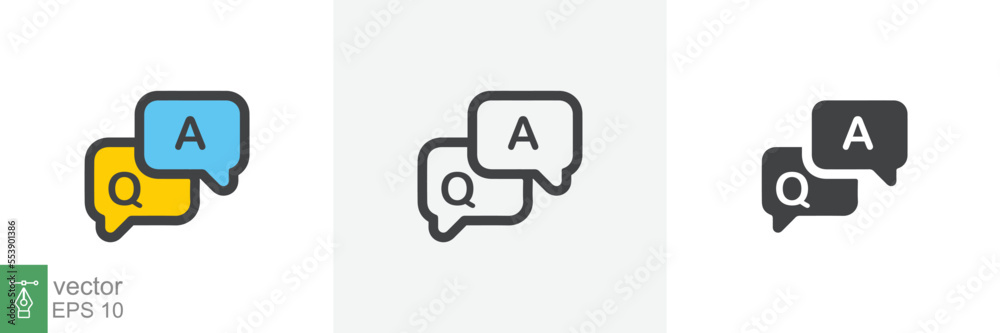 FAQ, questions and answers icon. Line, glyph and filled outline colorful version, Q and A speech outline and filled sign. Symbol, logo illustration. Different style icons set vector graphics. EPS 10. FAQ, questions and answers icon. Line, glyph and filled outline colorful version, Q and A speech outline and filled sign. Symbol, logo illustration. Different style icons set vector graphics. EPS 10.
