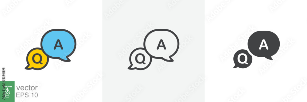 FAQ, questions and answers icon. Line, glyph and filled outline colorful version, Q and A speech outline and filled sign. Symbol, logo illustration. Different style icons set vector graphics. EPS 10.
