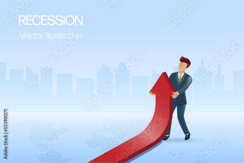 Economic recession crisis concept. Businessmen pull up business graph. Business struggling due to world economic crisis and global recession.3D vector.