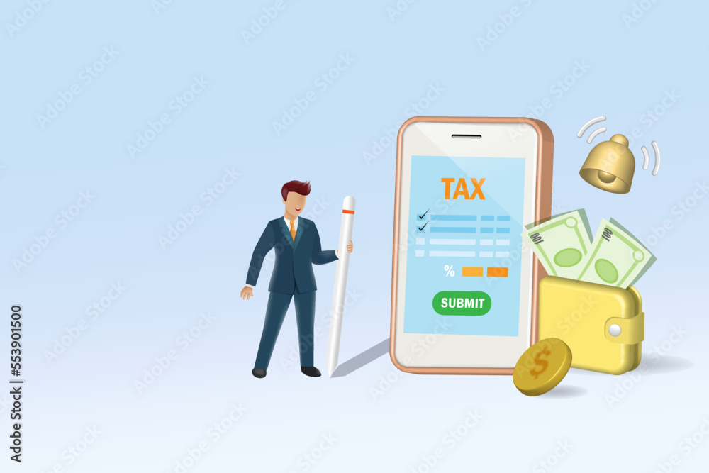 Tax time reminder. Businessman submit online income tax filing on smart tablet with money wallet and ringing bell for tax notification reminder. 3D vector. Tax time reminder. Businessman submit online income tax filing on smart tablet with money wallet and ringing bell for tax notification reminder. 3D vector.