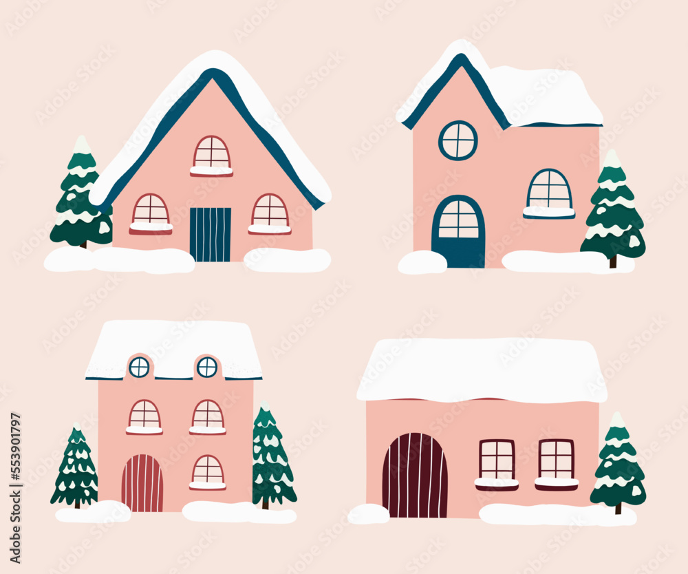 Snowy Houses Collection. Cottage Buildings in winter. Cartoon snow homes.