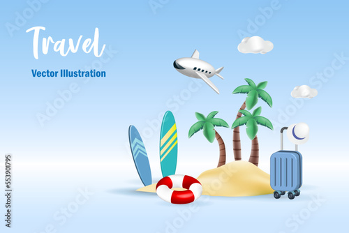 Fototapeta Naklejka Na Ścianę i Meble -  Travel vacation at summer tropical beach island with surfboard, palm trees and swim ring on smartphone. 3D vector Illustration.