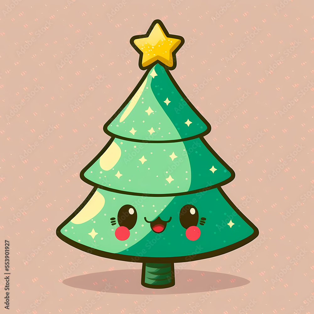 Chibi Smiling Christmas Tree with a Star and Twinkle Lights. [Digital ...