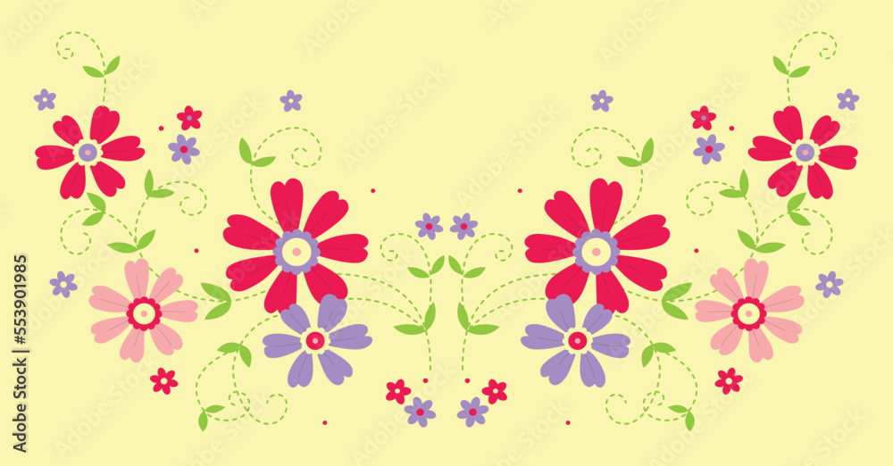 Vector decorative floral embroidery pattern, ornament for t shirt neck décor. Bohemian handmade style background design.

