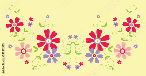Vector decorative floral embroidery pattern, ornament for t shirt neck décor. Bohemian handmade style background design. 
