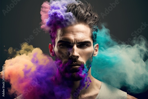 a fictional person with colorful smoke (generative ai)