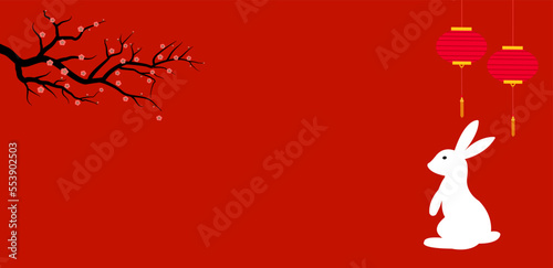 Chinese New Year 2023 banner vector illustration, Cute white rabbit, hanging red shine lantern and plum peach cherry blossom blooming, lucky oriental Asian style background with space copy