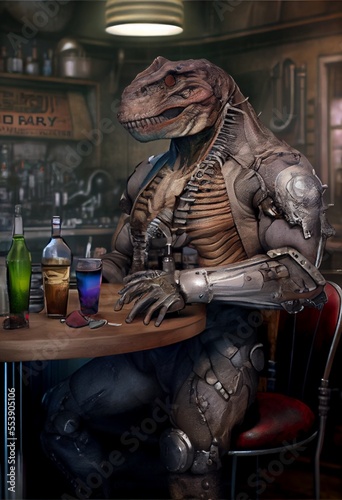 Generative AI abstract render of a T-Rex as a barkeeper