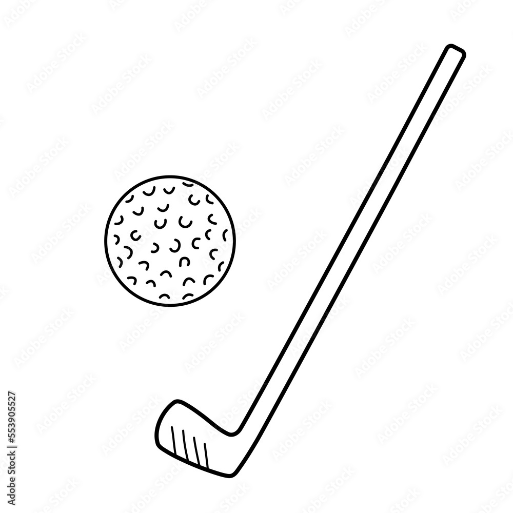 Golf club and ball doodle icon. Outline vector illustration isolated on white background. Golf stick clipart. Sport equipment. Golf club and ball doodle icon. Outline vector illustration isolated on white background. Golf stick clipart. Sport equipment.
