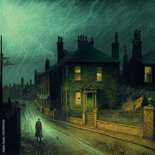 Digital Painting of an Ominous Victorian Figure on a Stormy Night in London under a Lightning Streaked Sky. [Digital Art Painting. Sci-Fi, Fantasy, Horror Background. Graphic Novel, Postcard.] photo