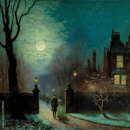 Fotografie, Obraz Digital Painting of a Victorian Couple on a Stroll on a Foggy Moonlit Night in London