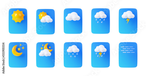3d render weather app icons, widget interface elements isolated set. Web or mobile application ui design. Sun, fog, cloud, rain, lightning and snow, day or night cartoon illustration in plastic style