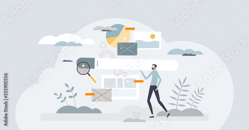 UX research or user experience analysis for website tiny person concept. Effective and responsive web page content interface development with user behavior monitoring and adaption vector illustration.