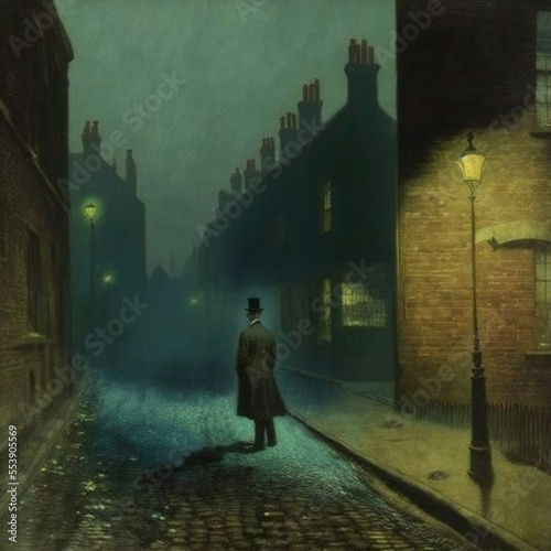 Digital Painting of an Ominous Victorian Man on a Foggy Night in London. [Digital Art Painting. Sci-Fi, Fantasy, Horror Background. Graphic Novel, Postcard, or Product Image.]
 photo