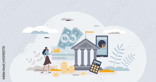 Bank account with money deposit, transactions or transfer tiny person concept. Financial actions with mobile app for digital payment making vector illustration. Credit card management application.