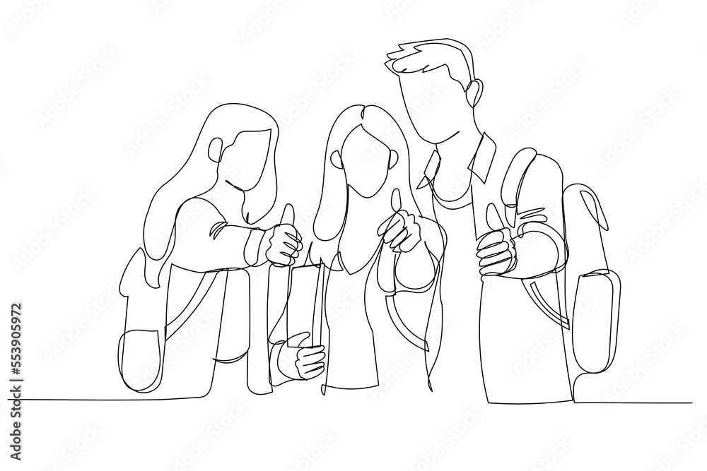 Cartoon of three students looking at you with thumbs up in campus. One line art style Cartoon of three students looking at you with thumbs up in campus. One line art style