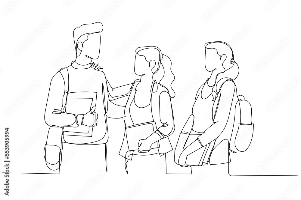 Illustration of group of university students friends preparing for exam outdoors. Single line art style