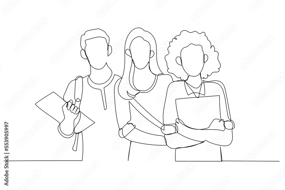 Drawing of happy group of students holding notebooks standing and posing together. Single continuous line art style Drawing of happy group of students holding notebooks standing and posing together. Single continuous line art style