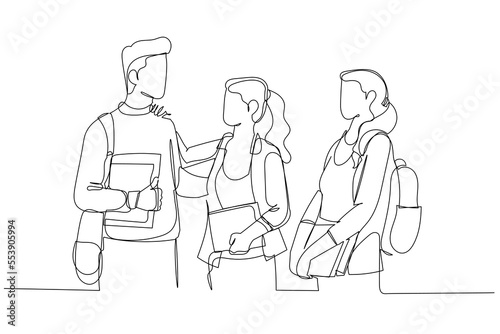 Illustration of group of university students friends preparing for exam outdoors. Single line art style