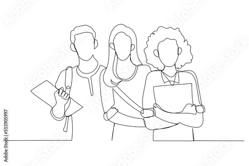 Drawing of happy group of students holding notebooks standing and posing together. Single continuous line art style