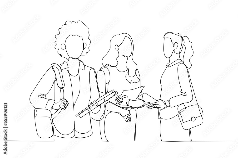 Cartoon of male student with group of young adults outdoor in city. Single line art style