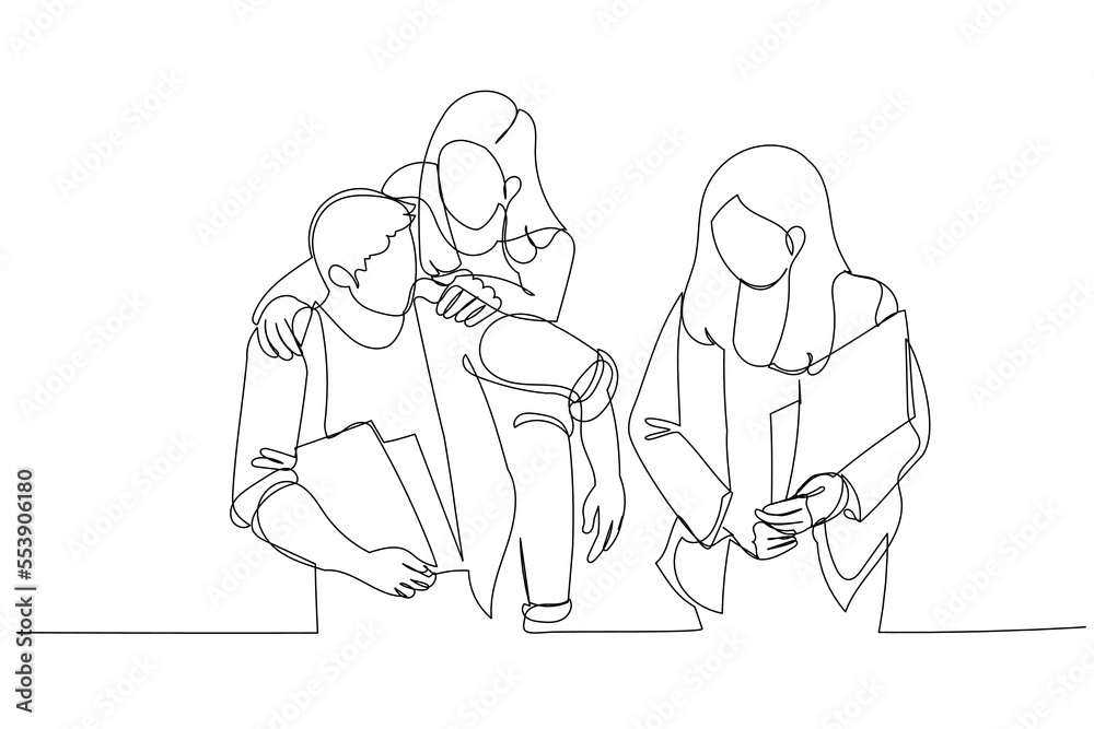 Drawing of three happy students and friends hangout together in an university cafetaria. Continuous line art style