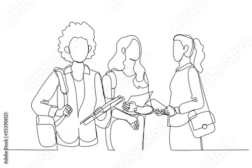 Cartoon of male student with group of young adults outdoor in city. Single line art style