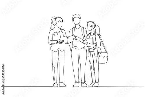 Cartoon of group of classmates discussing education subject. One line style art