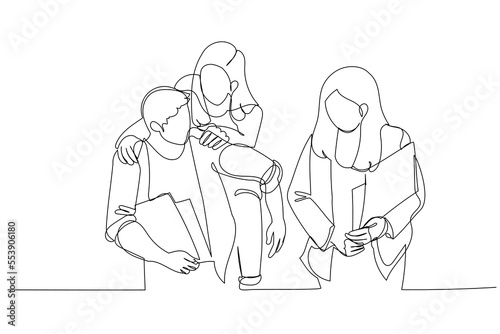 Drawing of three happy students and friends hangout together in an university cafetaria. Continuous line art style