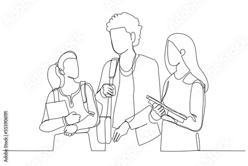 Cartoon of three friendly nice look students talking, sharing news indoor. One continuous line art style