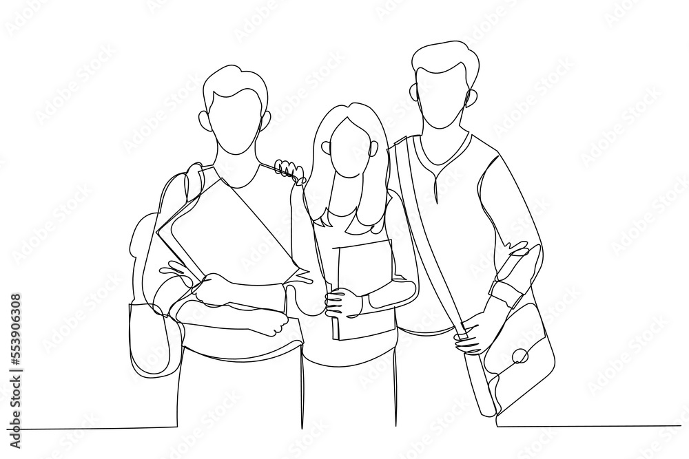 Cartoon of happy students standing together with books. One line art style