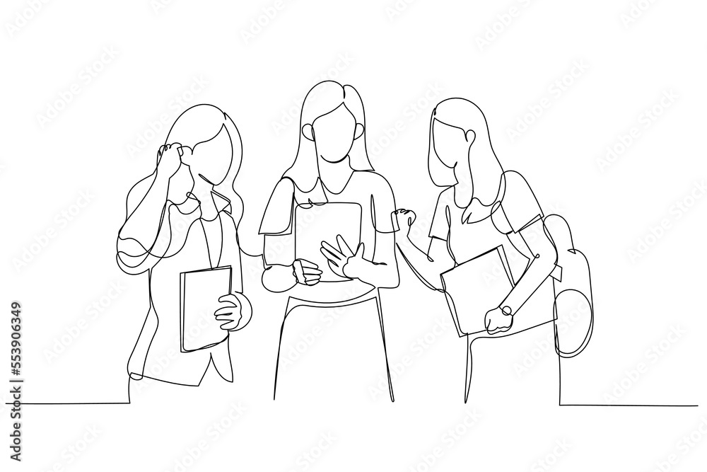 Cartoon of three excited students looking for the news together. One continuous line art style Cartoon of three excited students looking for the news together. One continuous line art style