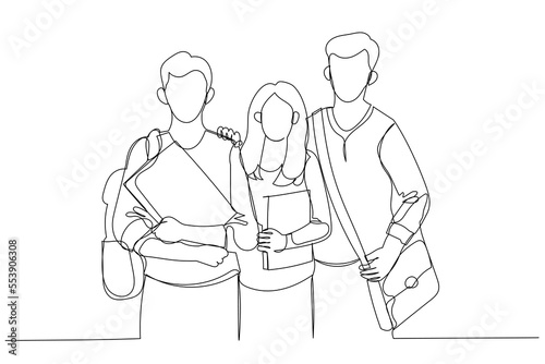Cartoon of happy students standing together with books. One line art style