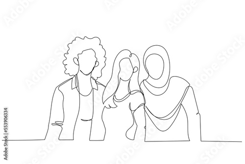 Illustration of group of three friends looking at camera enjoying vacation together. Single continuous line art