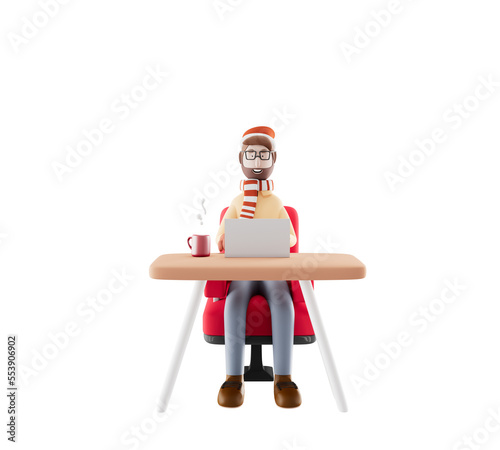 3D illustration of smiling cute man working at the desk in modern office.winter concept. photo
