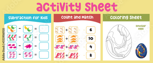 Bundle activity kit for toddlers with the prehistoric animal theme. Printable activity worksheet for children with cute Dinosaurs theme. Kawaii vector illustration dino. 
