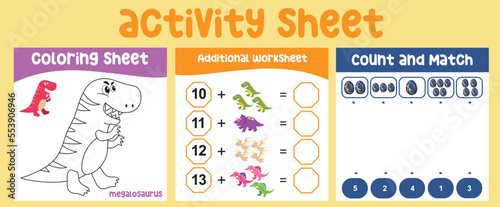 Bundle activity kit for toddlers with the prehistoric animal theme. Printable activity worksheet for children with cute Dinosaurs theme. Kawaii vector illustration dino. 