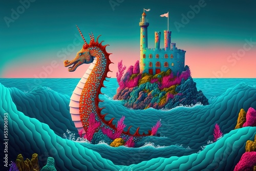 Colorful giant seahorse aquatic dragon creature in the ocean - mythical aquatic sea monster, cartoon stylized illustration art.