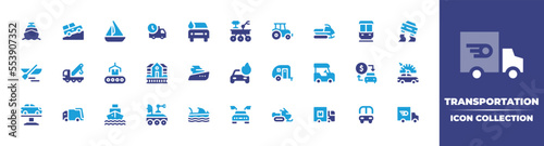 Transportation icon collection. Vector illustration. Containing ship, jeep, boat, delivery time, car wash, mars rover, tractor, snowmobile, subway, slippery road, tow truck, conveyor, train, and more.