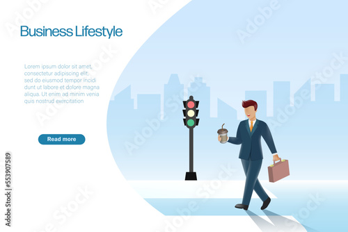Businessman holding briefcase and coffee cup walking to work, city buildings background. Business lifestyle, Professional management character. Success and achievement. 