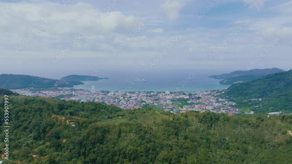 Phuket Thailand Aerial view ocean with mountain in the foreground at Patong Bay of Phuket Thailand, Landscape of patong city phuket in sunny summer day time, Beautiful tropical sea High angle view Phuket Thailand Aerial view ocean with mountain in the foreground at Patong Bay of Phuket Thailand, Landscape of patong city phuket in sunny summer day time, Beautiful tropical sea High angle view