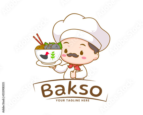 Chef with a bowl of bakso or meatball logo template. Cute cartoon character. Indonesian traditional food. Food concept design. Isolated white background. Vector art illustration