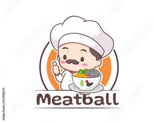 Chef with a bowl of bakso or meatball logo template. Cute cartoon character. Indonesian traditional food. Food concept design. Isolated white background. Vector art illustration