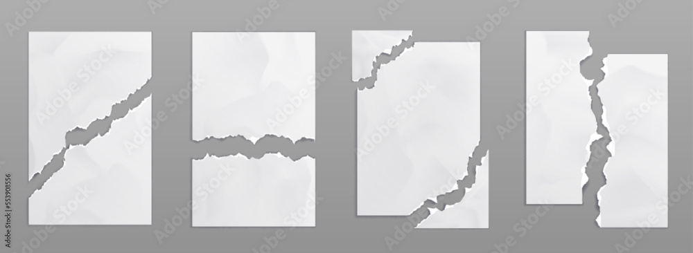 Paper Getting Ripped Realistic set of torn paper sheets isolated on grey background. Vector ...