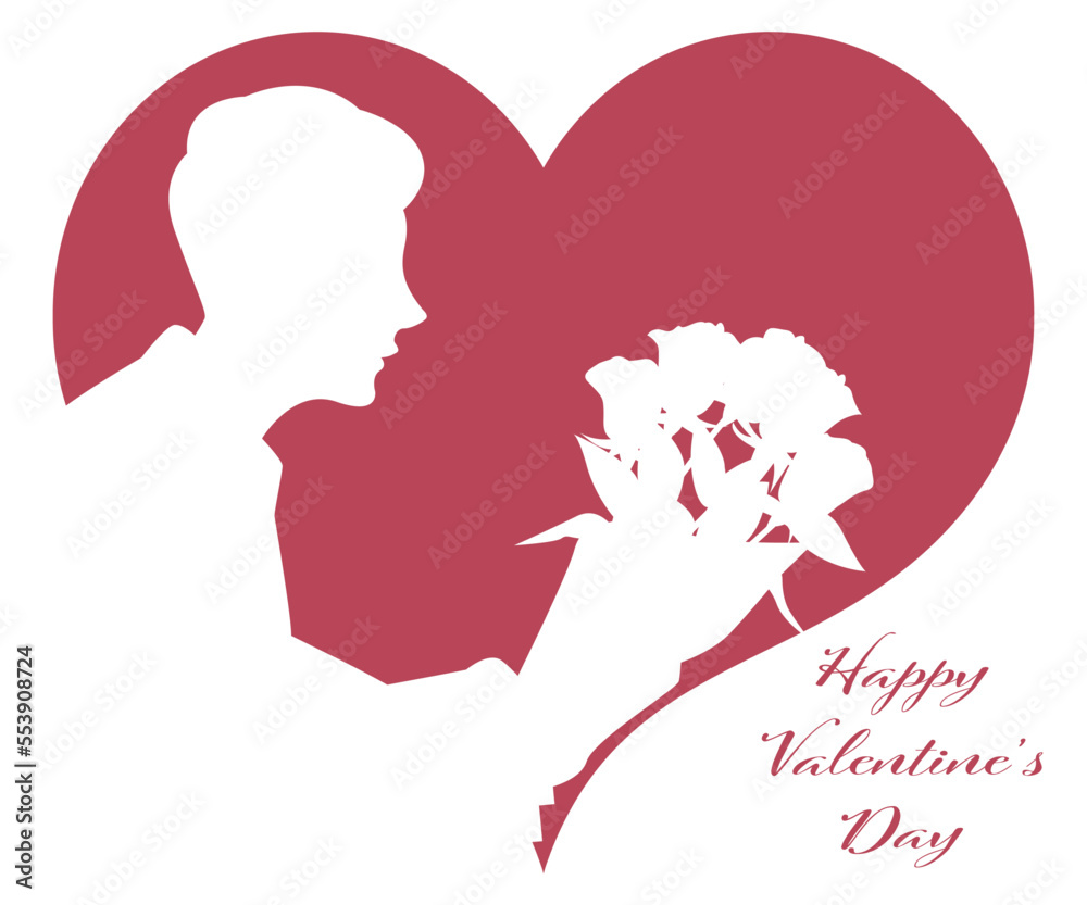薔薇の花束をプレゼントする男性のシルエットイラスト素材 ベクター ハート バレンタインデー
