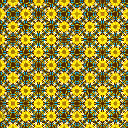 Summer botanical pattern with field yellow sunflowers and small colorful flowers flat lays on a dark brown background