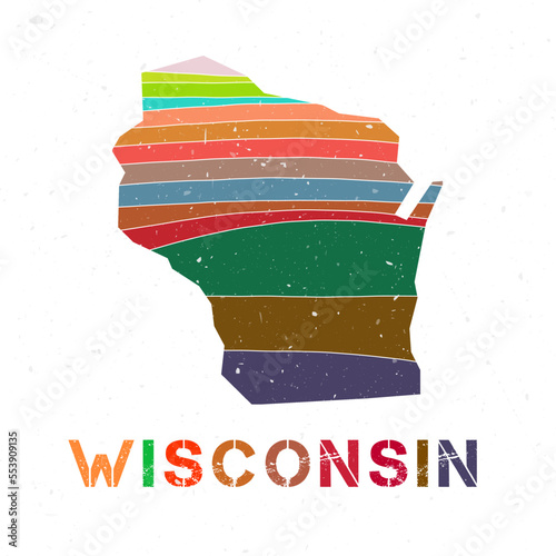 Wisconsin map design. Shape of the us state with beautiful geometric waves and grunge texture. Authentic vector illustration. photo