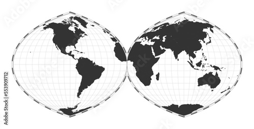 Vector world map. Quartic authalic projection interrupted into two hemispheres. Plan world geographical map with latitude/longitude lines. Centered to 0deg longitude. Vector illustration.